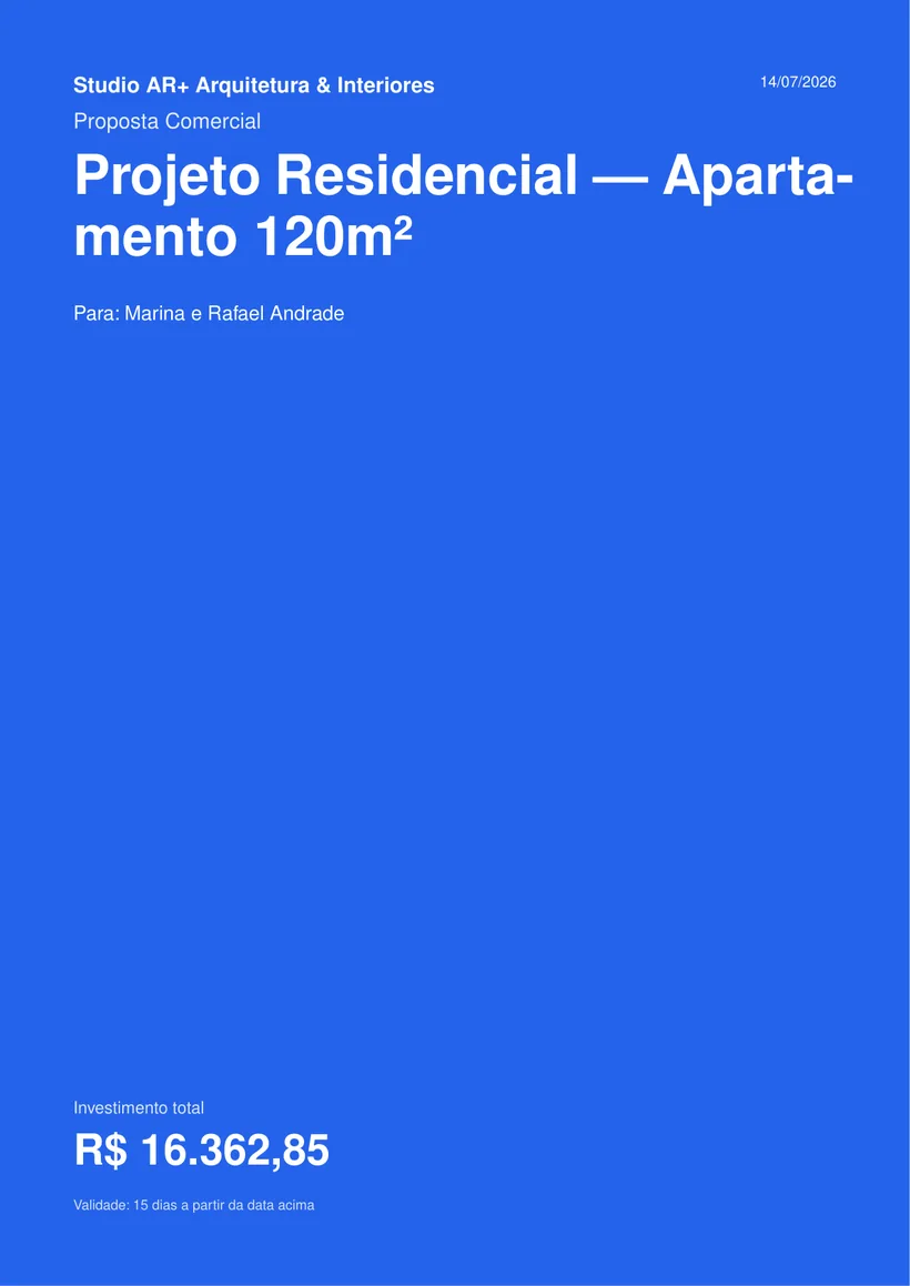 Capa da proposta em PDF gerada pelo Forma Precifica — investimento R$ 16.362,85